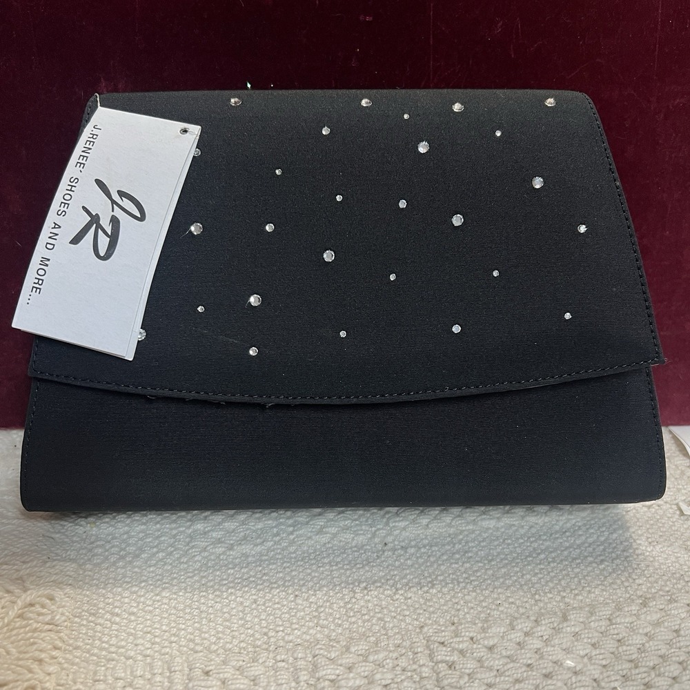 J Renee Handbag Crossbody Clutch Black Fabric clear, rhinestones, New w/ Tag
